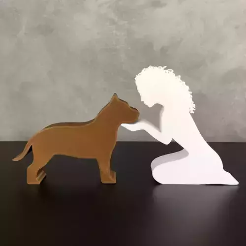 Girl and her Pit bull -wavy hair- for 3D printer or laser cut