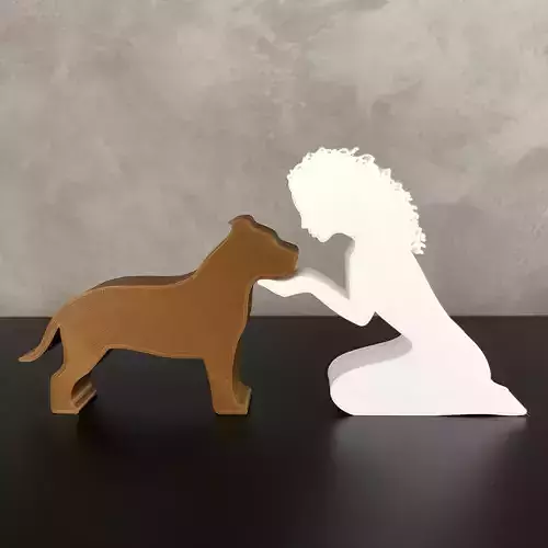 Girl and her Pit bull -wavy hair- for 3D printer or laser cut