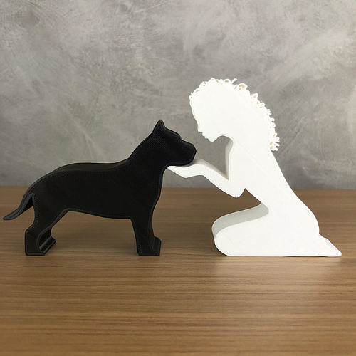 Girl and her American Bully -wavy hair- for 3D printer  3D print model