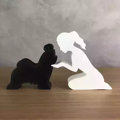 Girl and her Maltese -tied hair- for 3D printer or laser cut