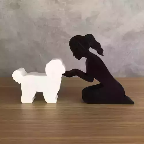 Girl and her lhasa apso -tied hair- for 3D printer or laser cut 3D print model