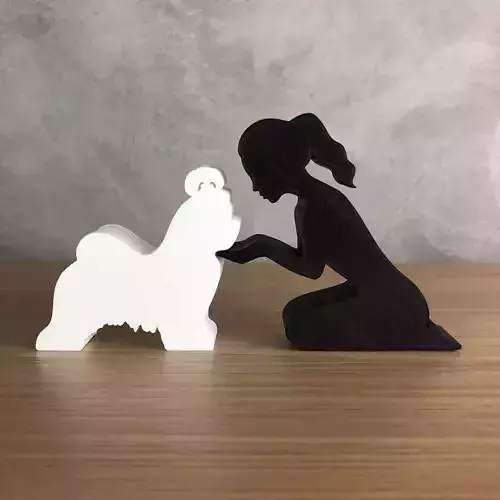 Girl and her lhasa apso -tied hair- for 3D printer or laser cut 3D print model