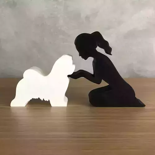 Girl and her lhasa apso -tied hair- for 3D printer or laser cut 3D print model