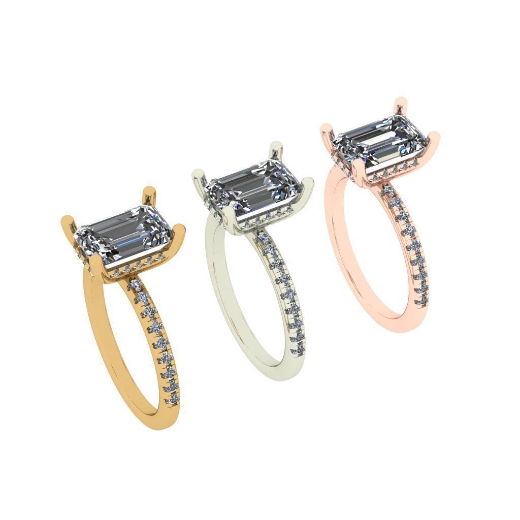 Emerald solitaire hidden halo diamond ring 3D print model_4