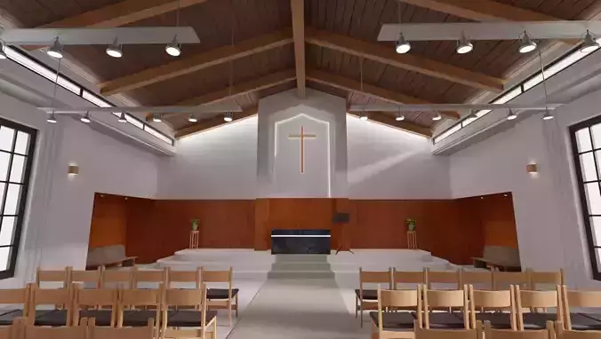 Modern church interior with seats and pulpit