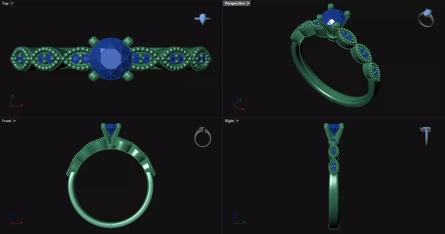 4 Prong Diamond Round Engagement Ring with sidestones 3D print model_0
