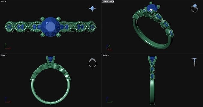 4 Prong Diamond Round Engagement Ring with sidestones 3D print model
