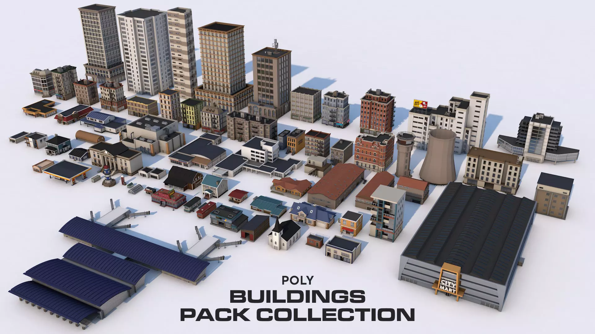 70 Poly Buildings Pack Collection Low-poly 3D model_0