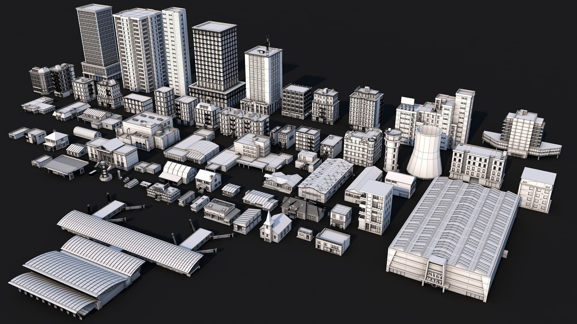 70 Poly Buildings Pack Collection Low-poly 3D model_1