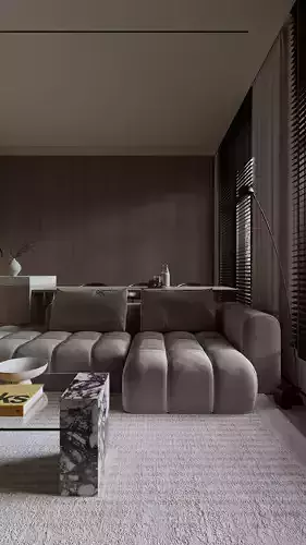 Interior scene kitchen and living room