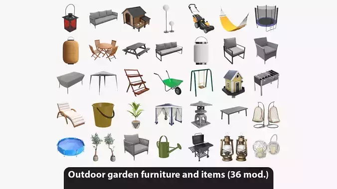 Front yard outdoor garden furniture and items 3D model