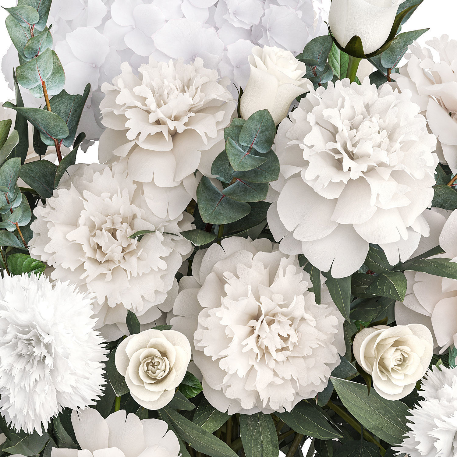 Bouquet of white flowers hydrangea carnation peony vase 389 3D model_11