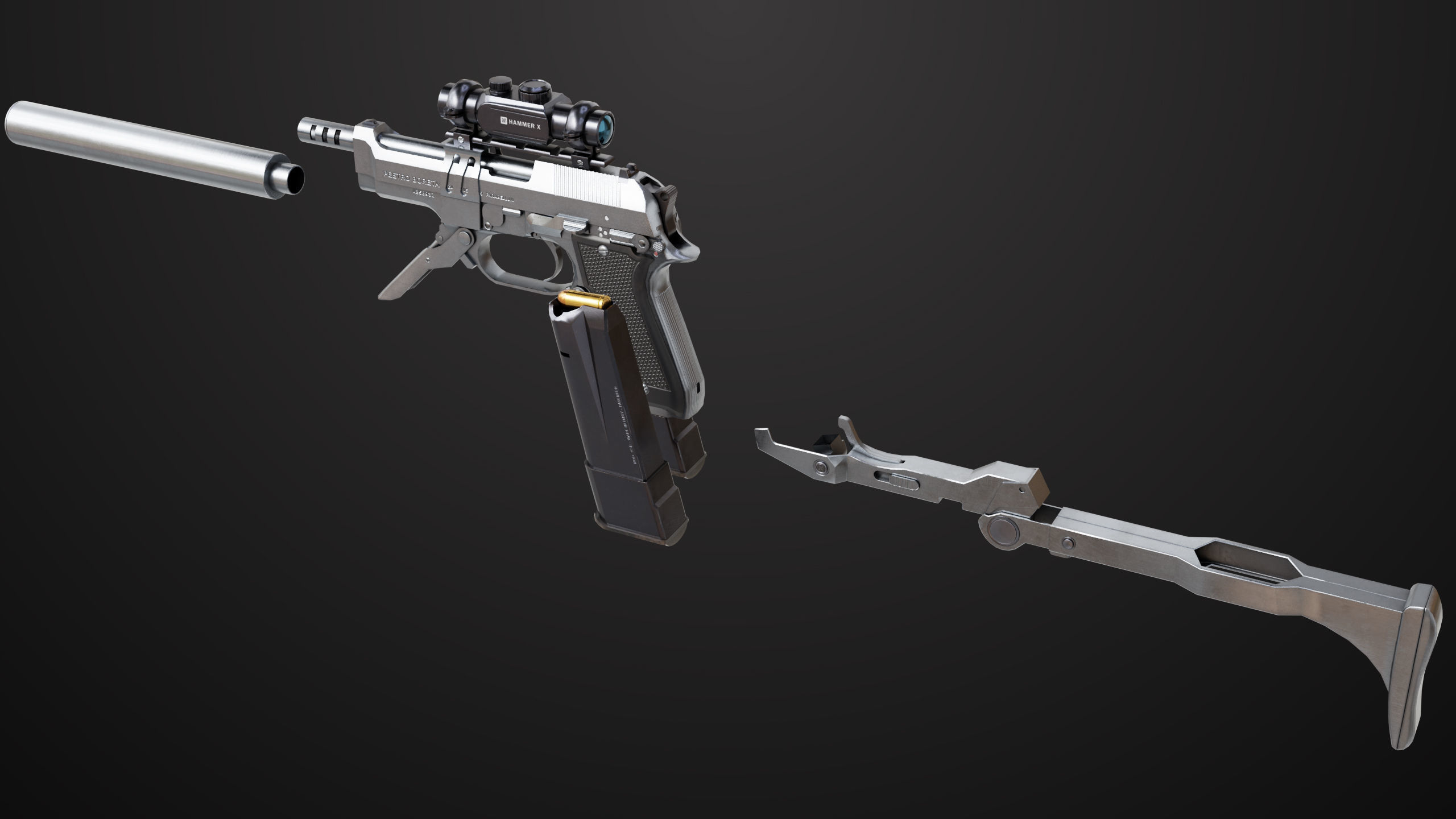 Pistol 08 Silver Generic All PBR UE Textures Included Low-poly 3D model_23