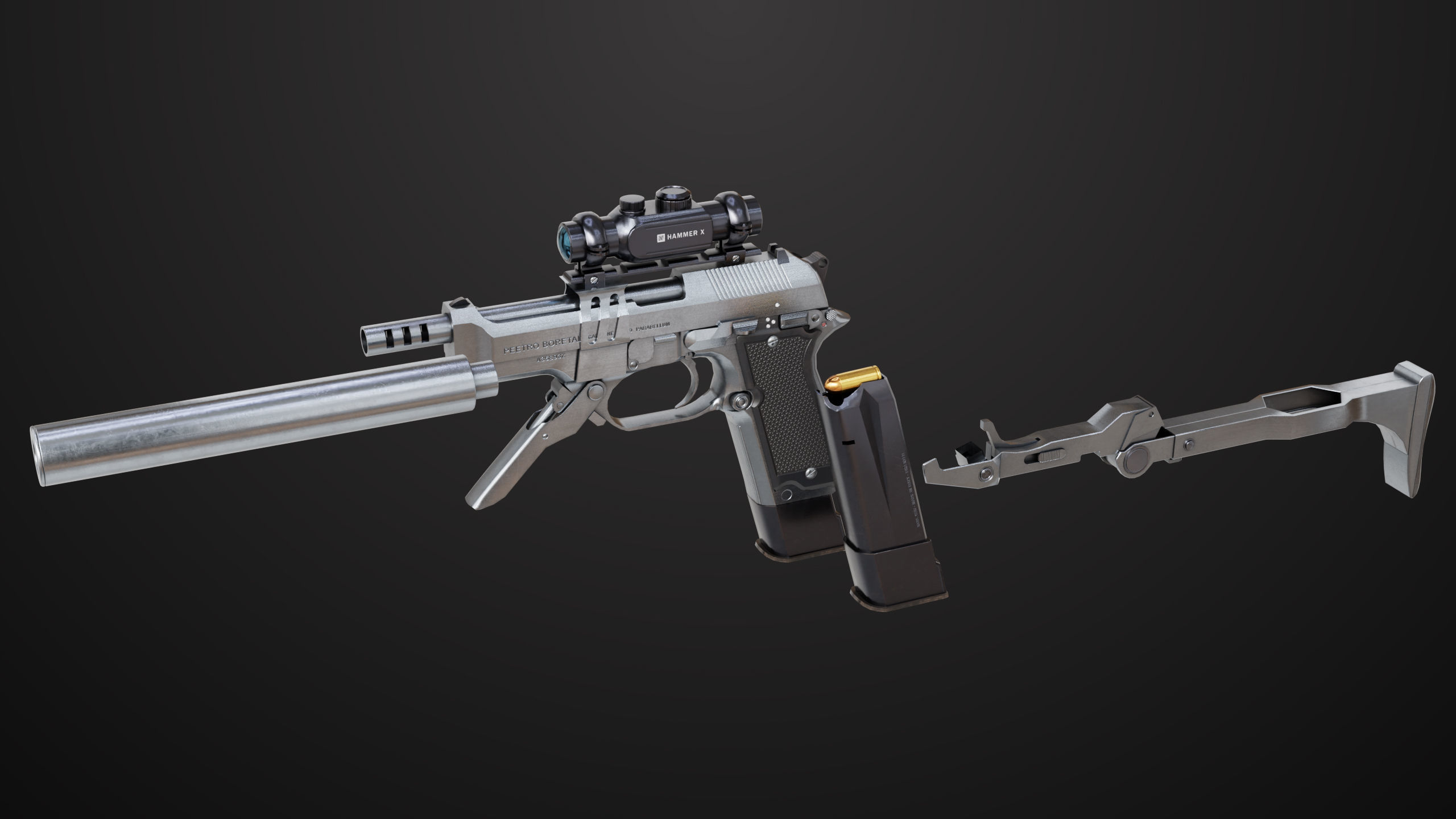 Pistol 08 Silver Generic All PBR UE Textures Included Low-poly 3D model_26