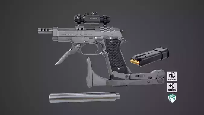 Pistol 08 Silver Generic All PBR UE Textures Included Low-poly 3D model