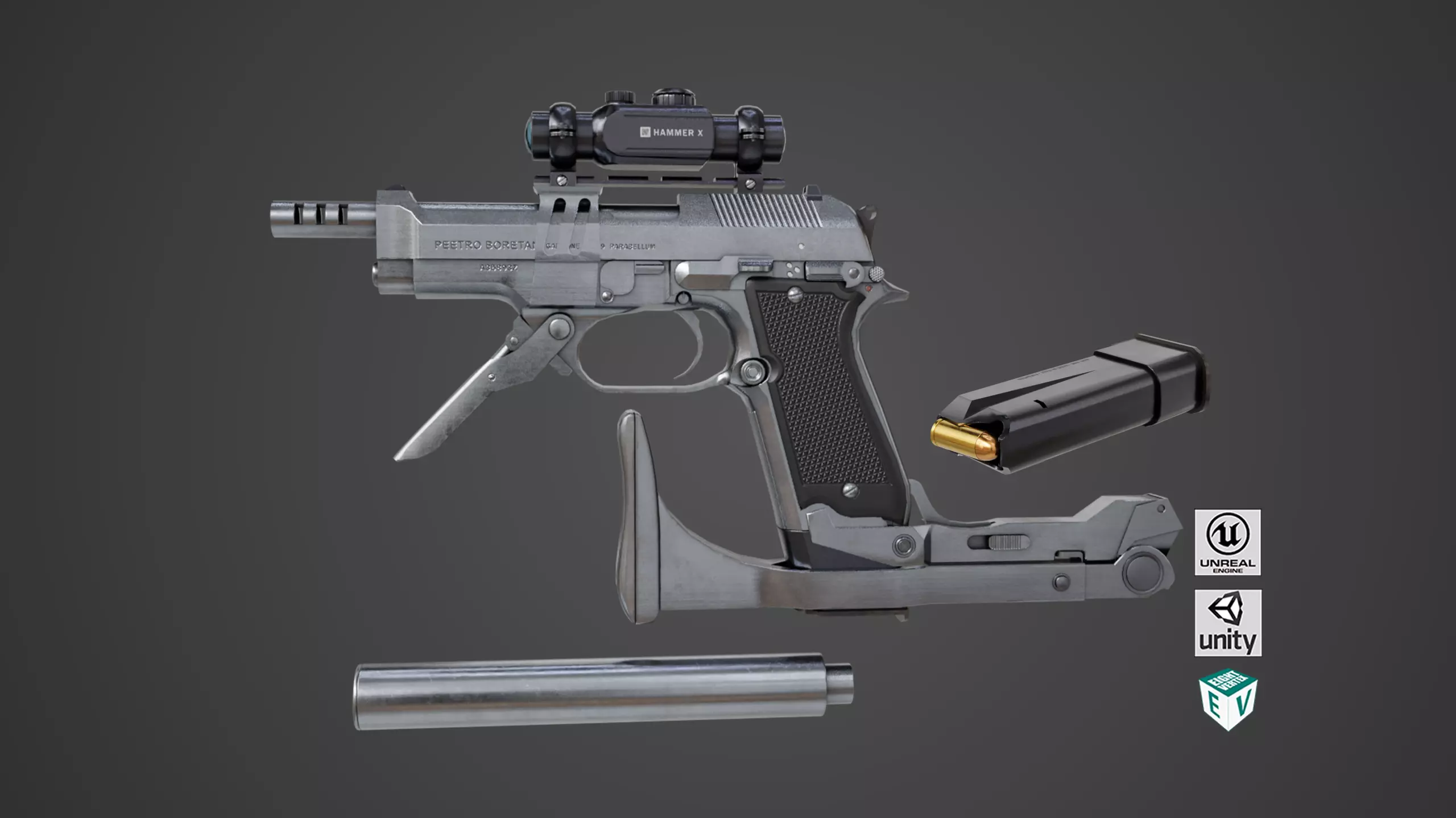 Pistol 08 Silver Generic All PBR UE Textures Included Low-poly 3D model_0