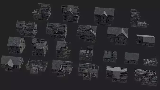 Burned and ruined Wooden Buildings Low-poly 3D model