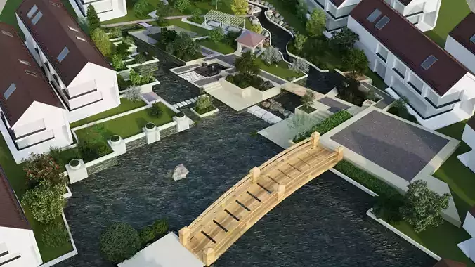 3D model scene of  neighborhood with park  landscape