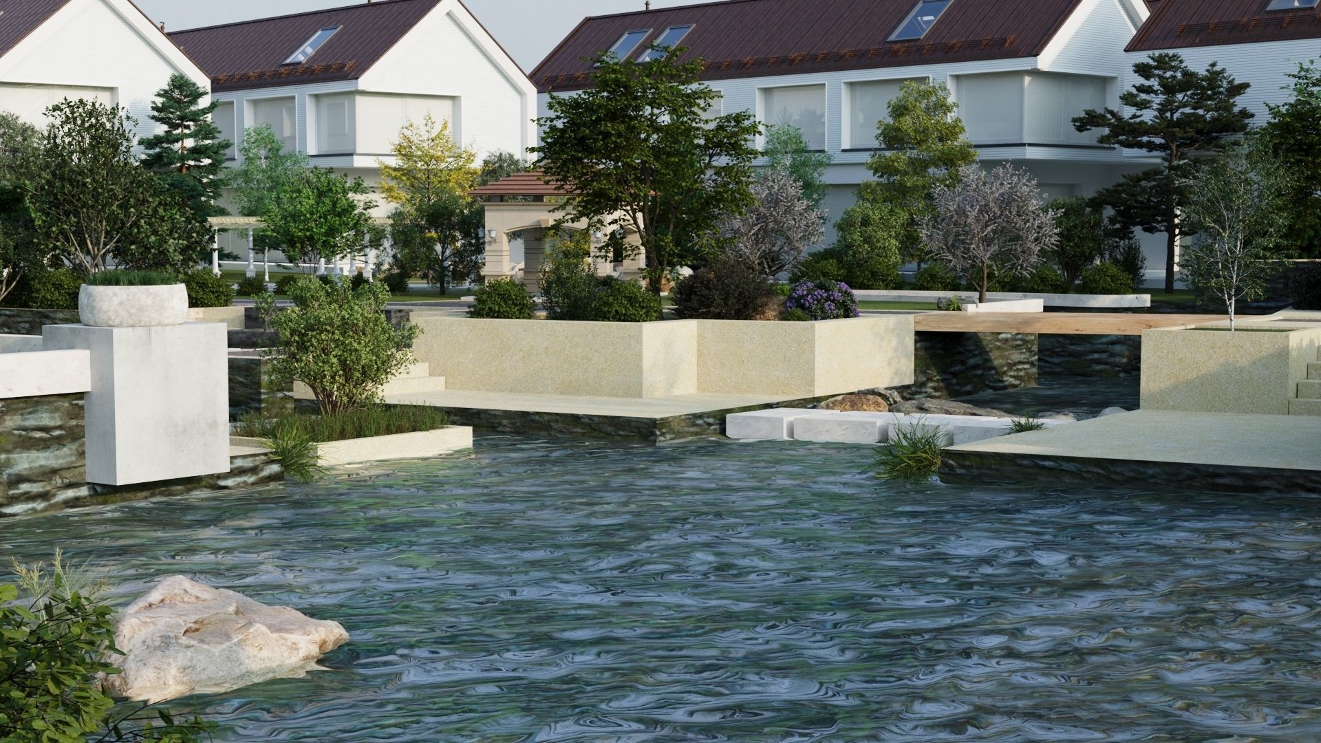 3D model scene of  neighborhood with park  landscape 3D model_3