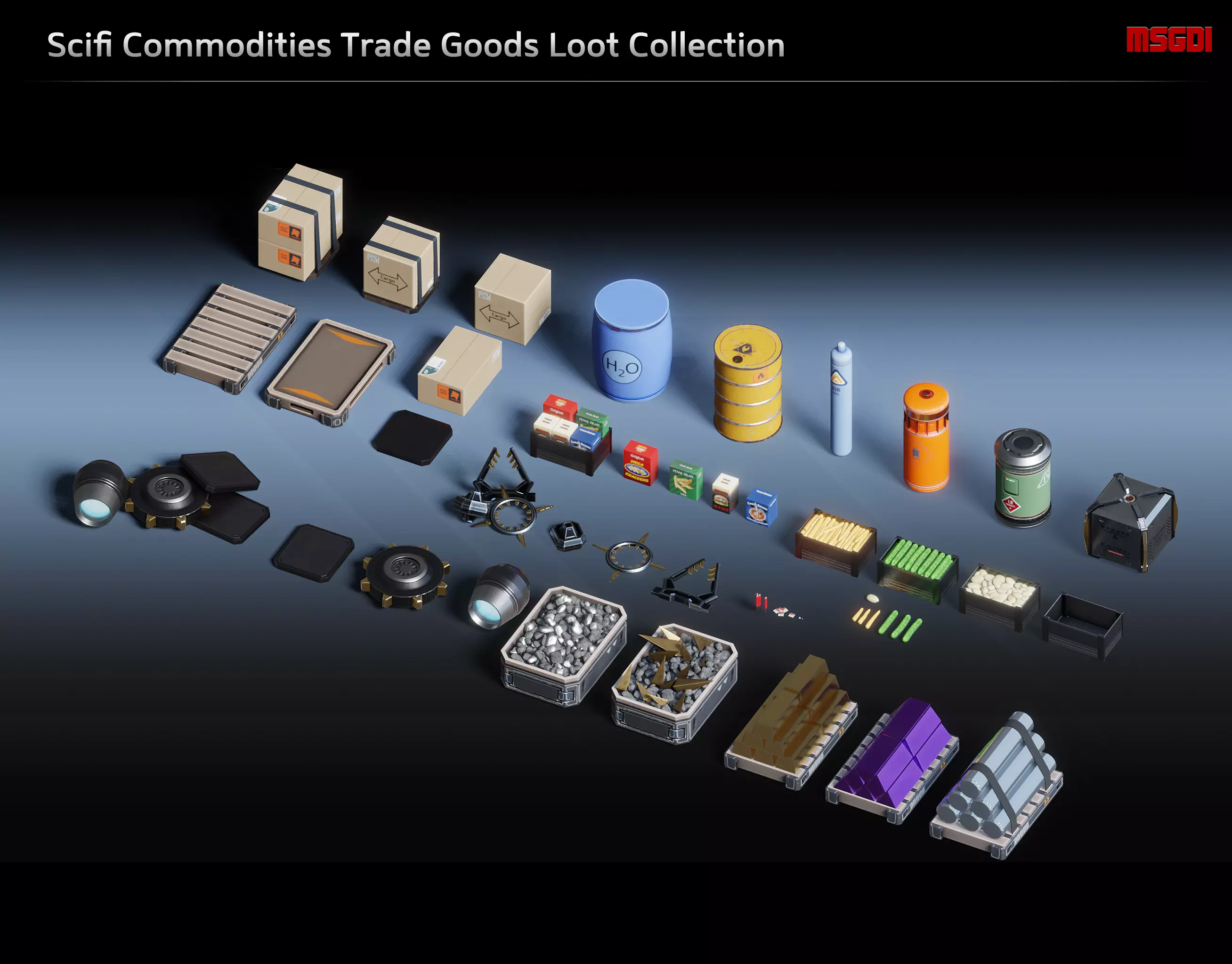 Scifi Commodities Trade Goods Loot Collection Low-poly 3D model_0