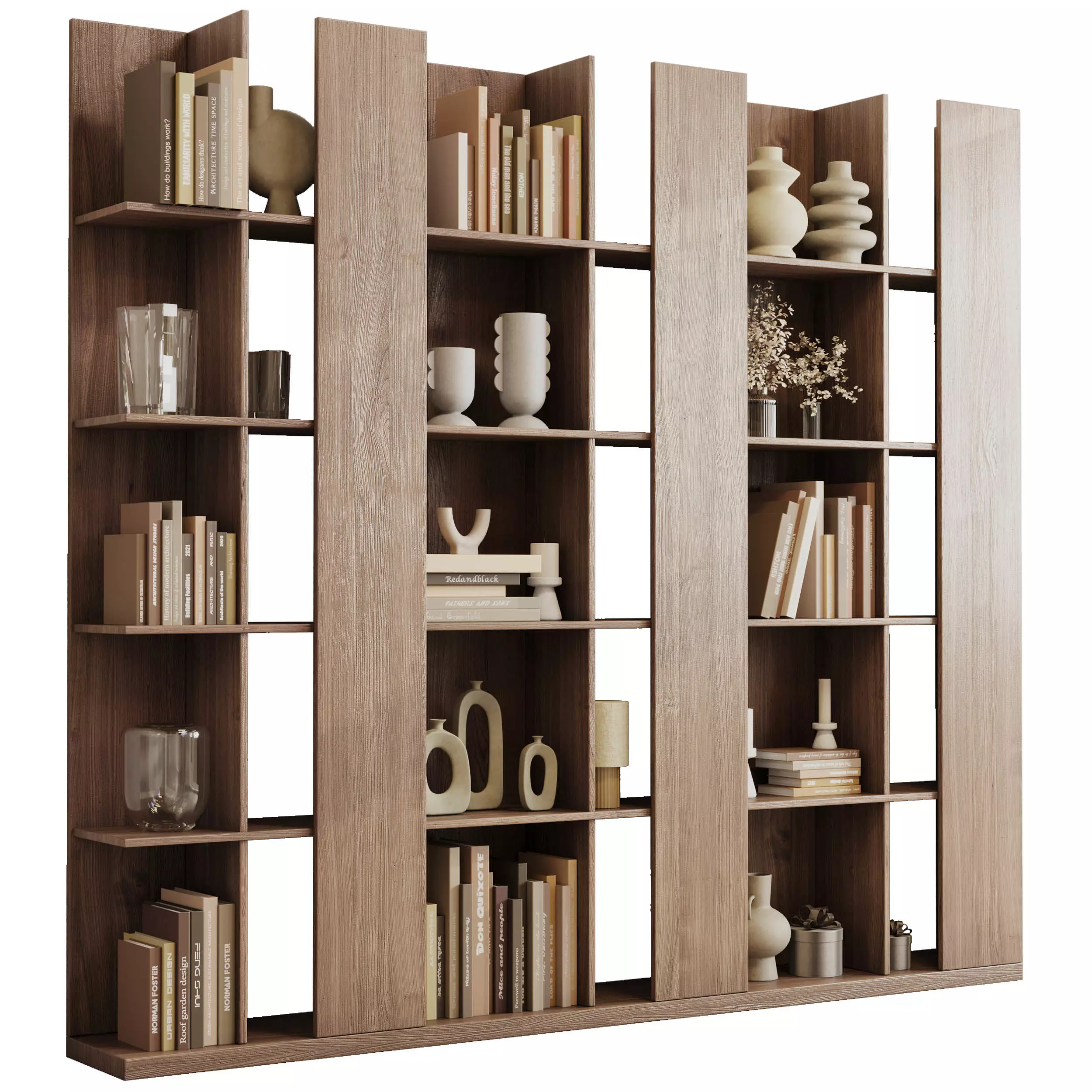 Wooden Shelves Decorative With Book and Plants - Wooden Rack 18 3D model