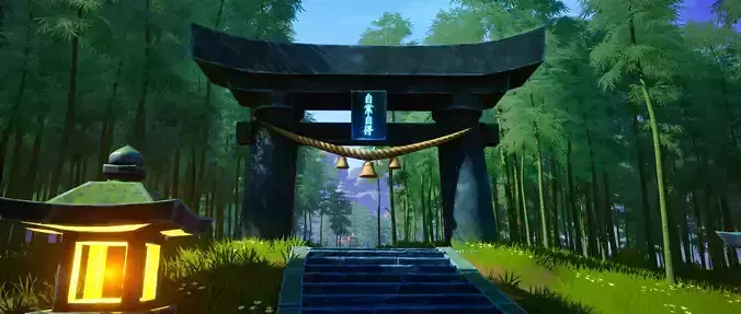 Stylized Stone Japanese Gate Torii and Toro