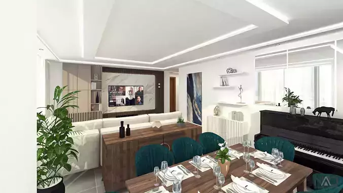 Beige Modern Living Room and Bedroom Interior Design