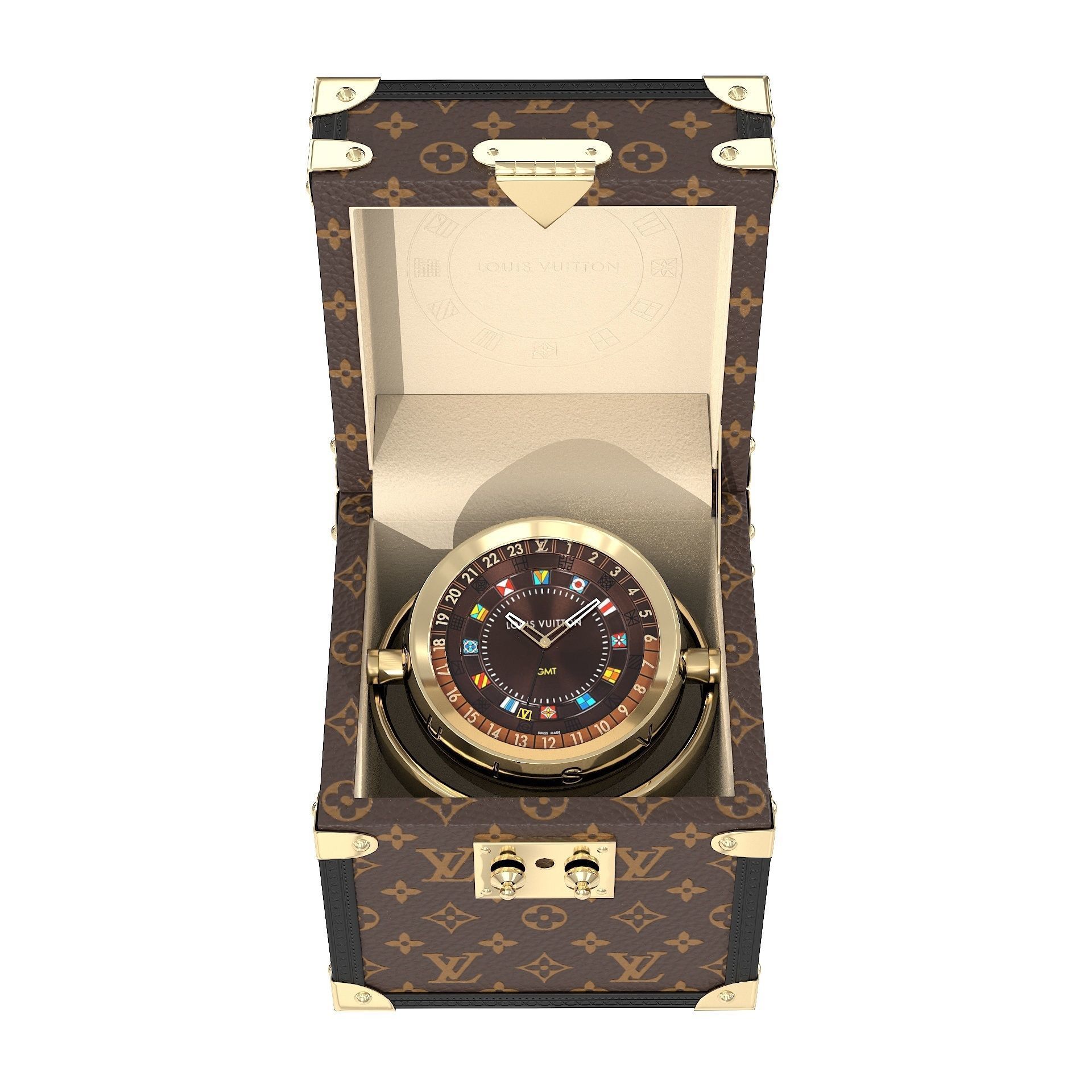 LV Trunk Table Clock 80mm Steel Monogram Low-poly 3D model_6