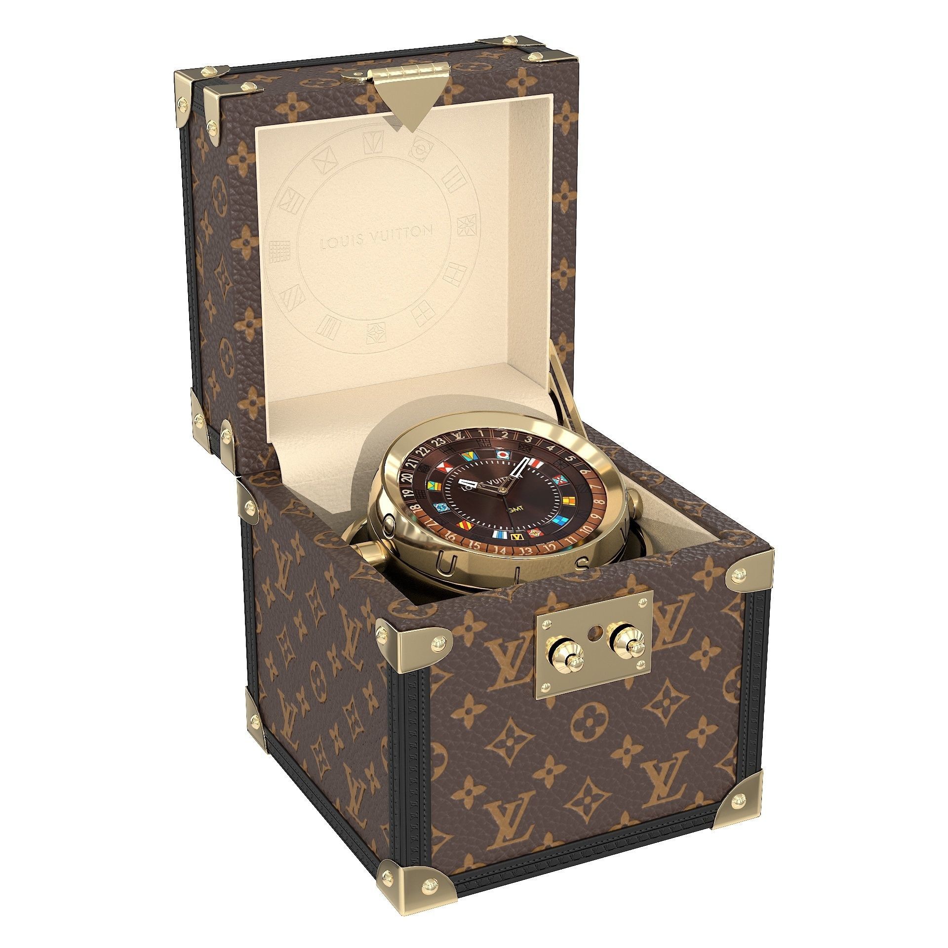 LV Trunk Table Clock 80mm Steel Monogram Low-poly 3D model_2