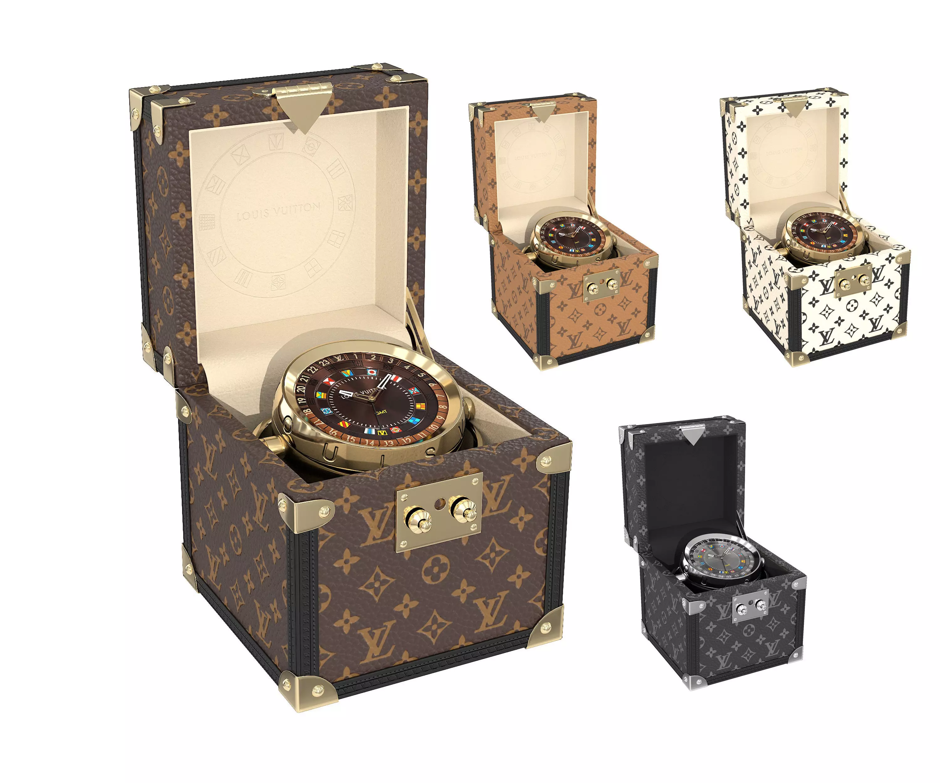 LV Trunk Table Clock 80mm Steel Monogram Low-poly 3D model_0