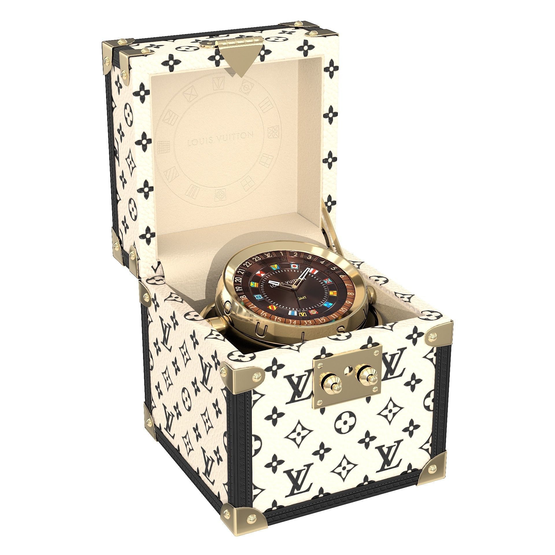 LV Trunk Table Clock 80mm Steel Monogram Low-poly 3D model_4