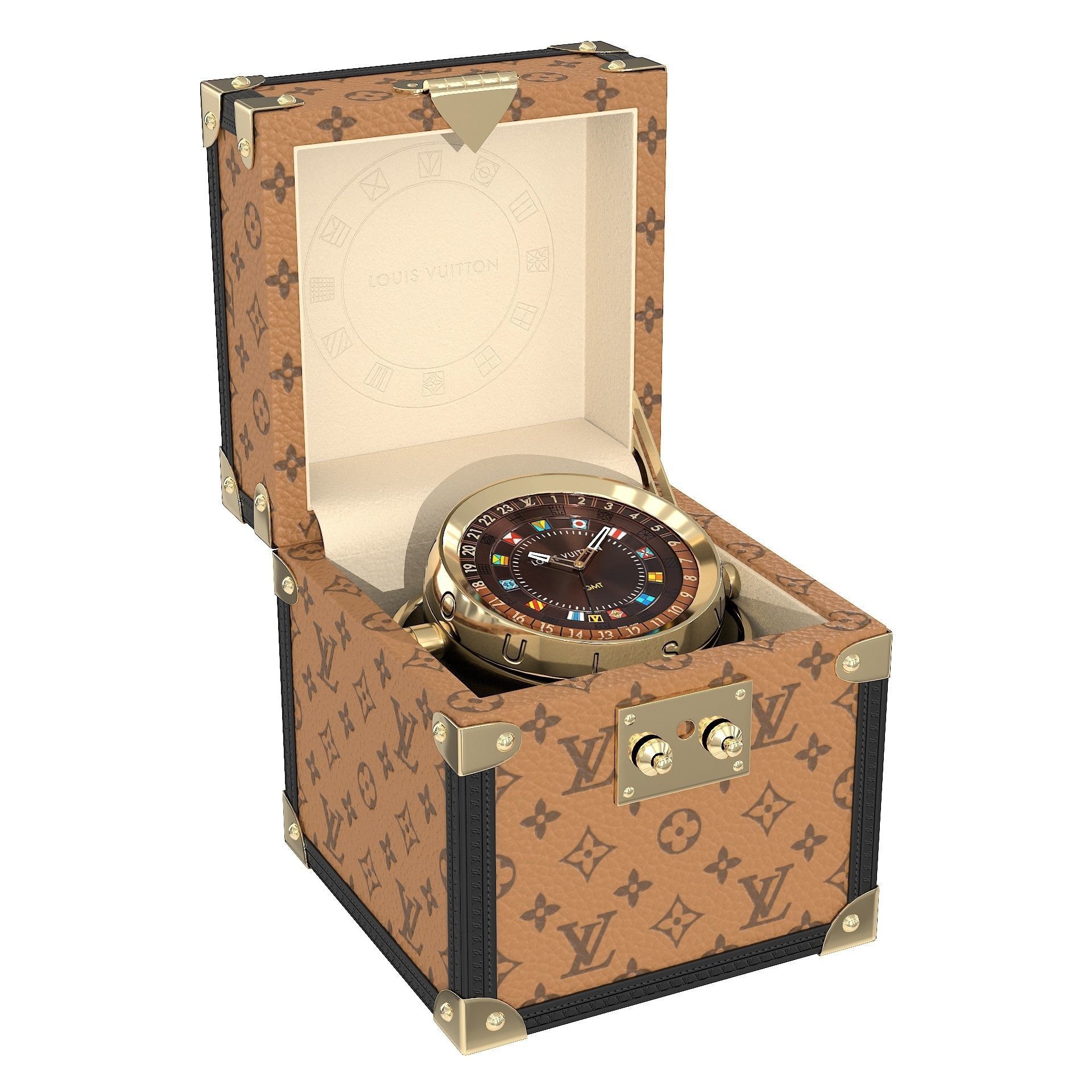 LV Trunk Table Clock 80mm Steel Monogram Low-poly 3D model_5