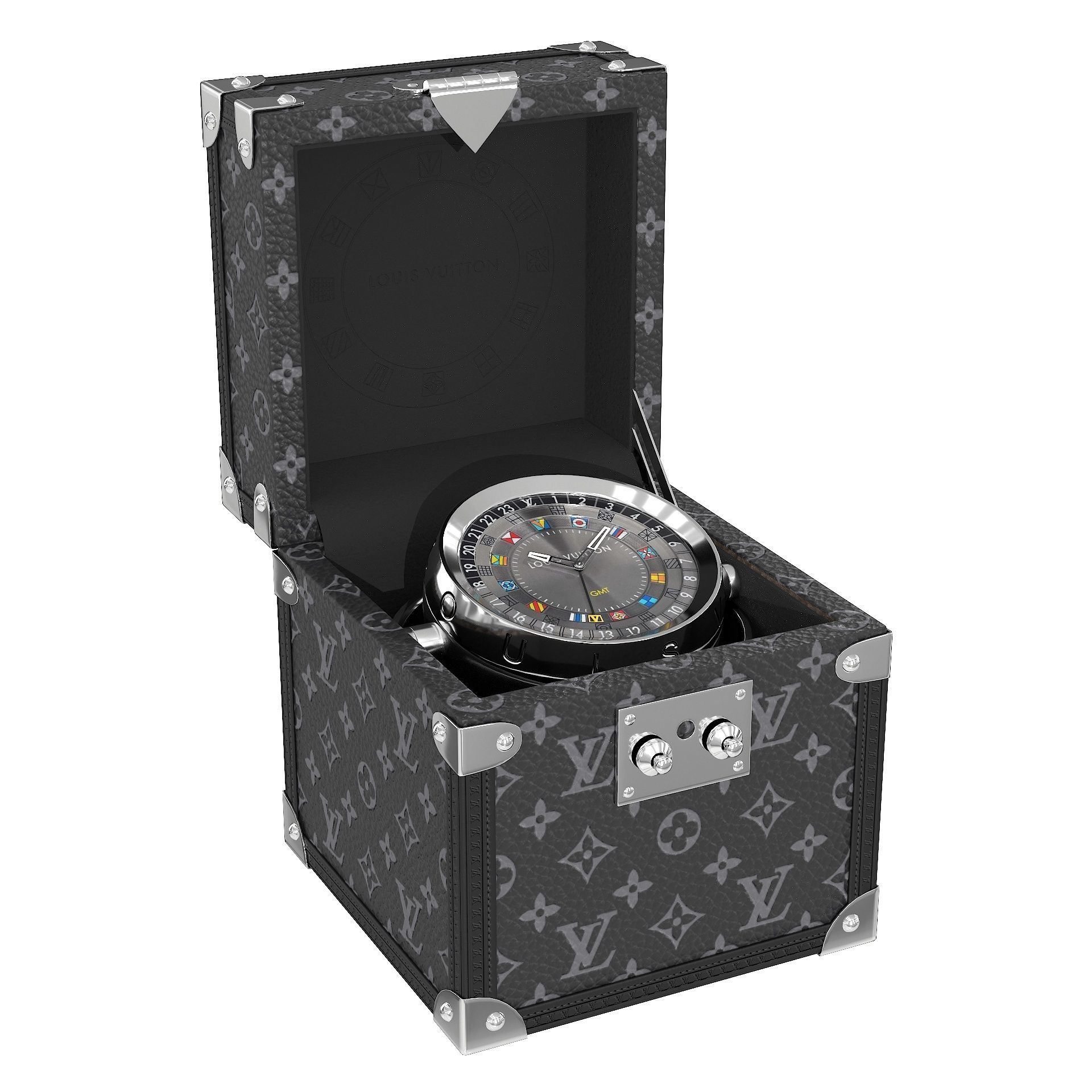 LV Trunk Table Clock 80mm Steel Monogram Low-poly 3D model_3