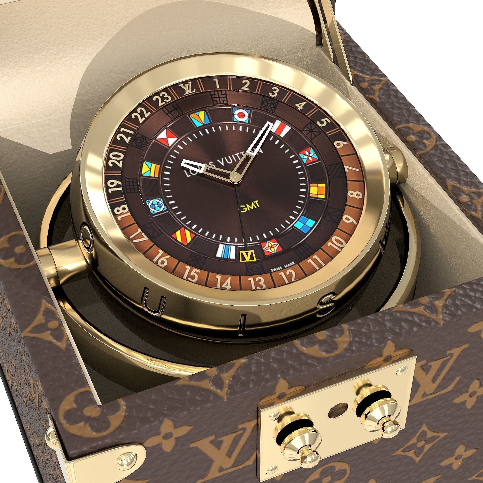 LV Trunk Table Clock 80mm Steel Monogram Low-poly 3D model_7