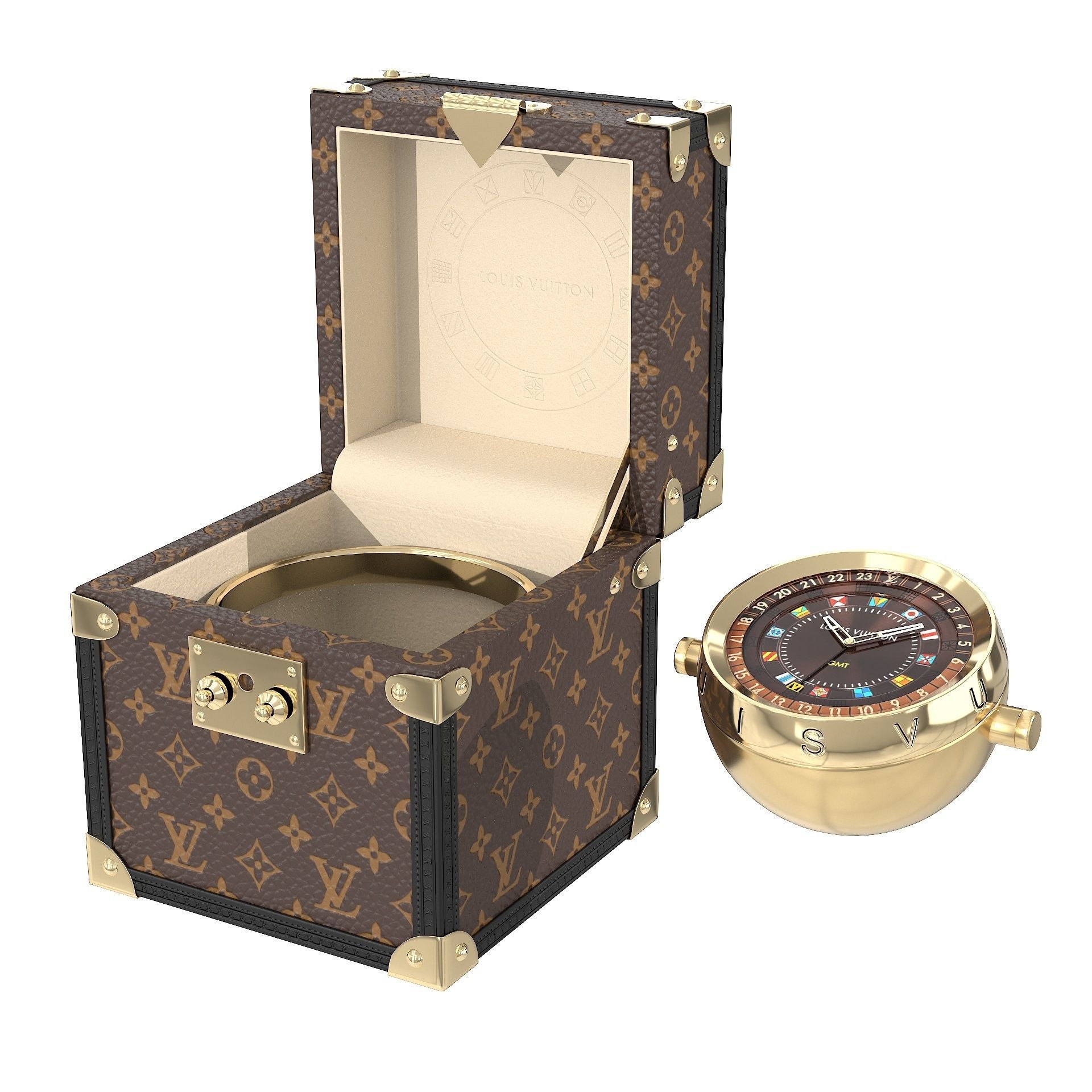 LV Trunk Table Clock 80mm Steel Monogram Low-poly 3D model_11