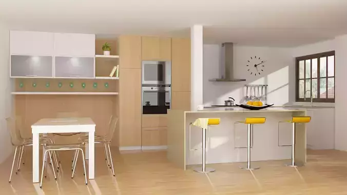 modern kitchen interior with parquet floor 3D model