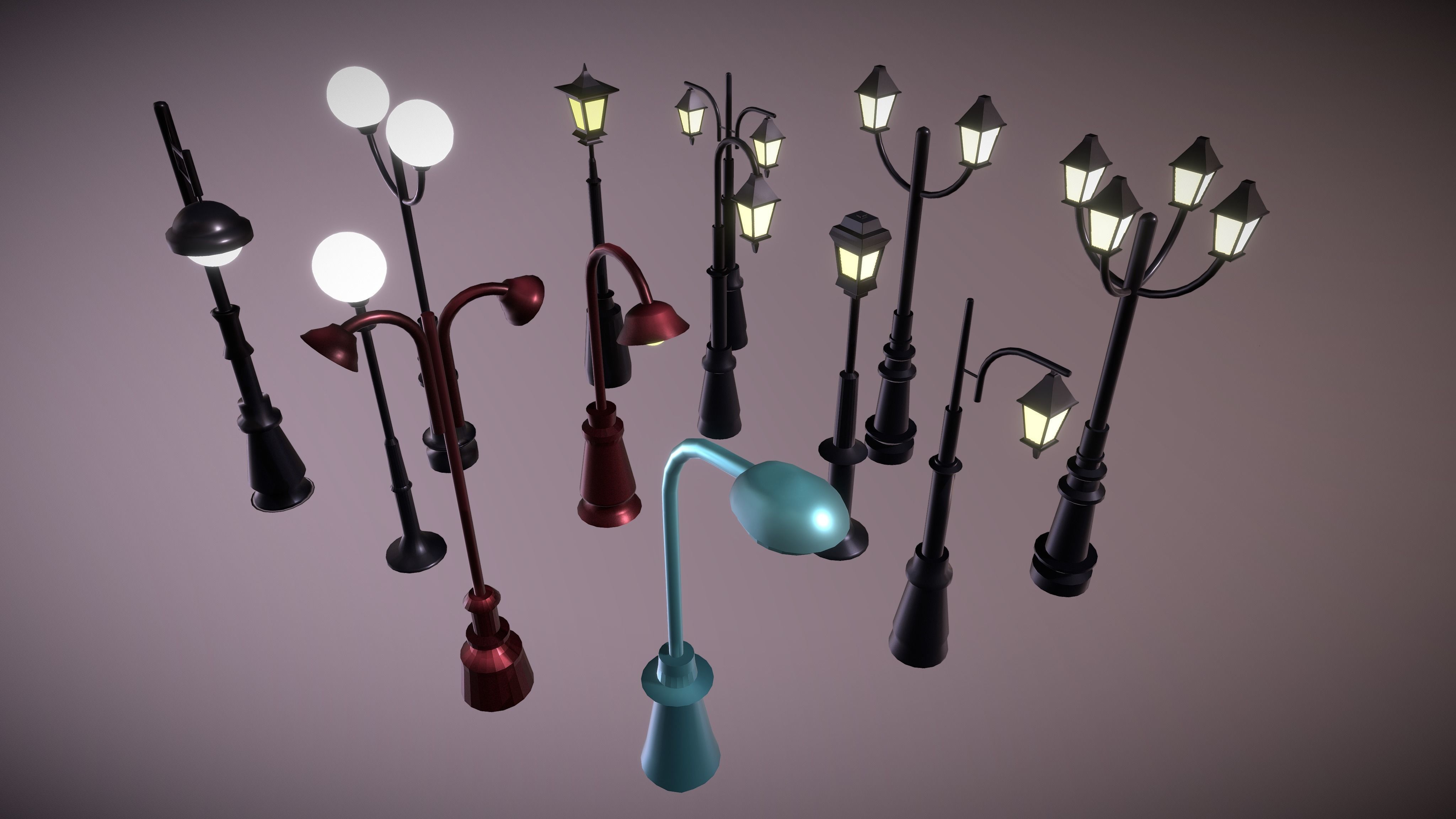 Lamposts Asset Pack - Streetlight 3d Model Set lowpoly 3D model_2