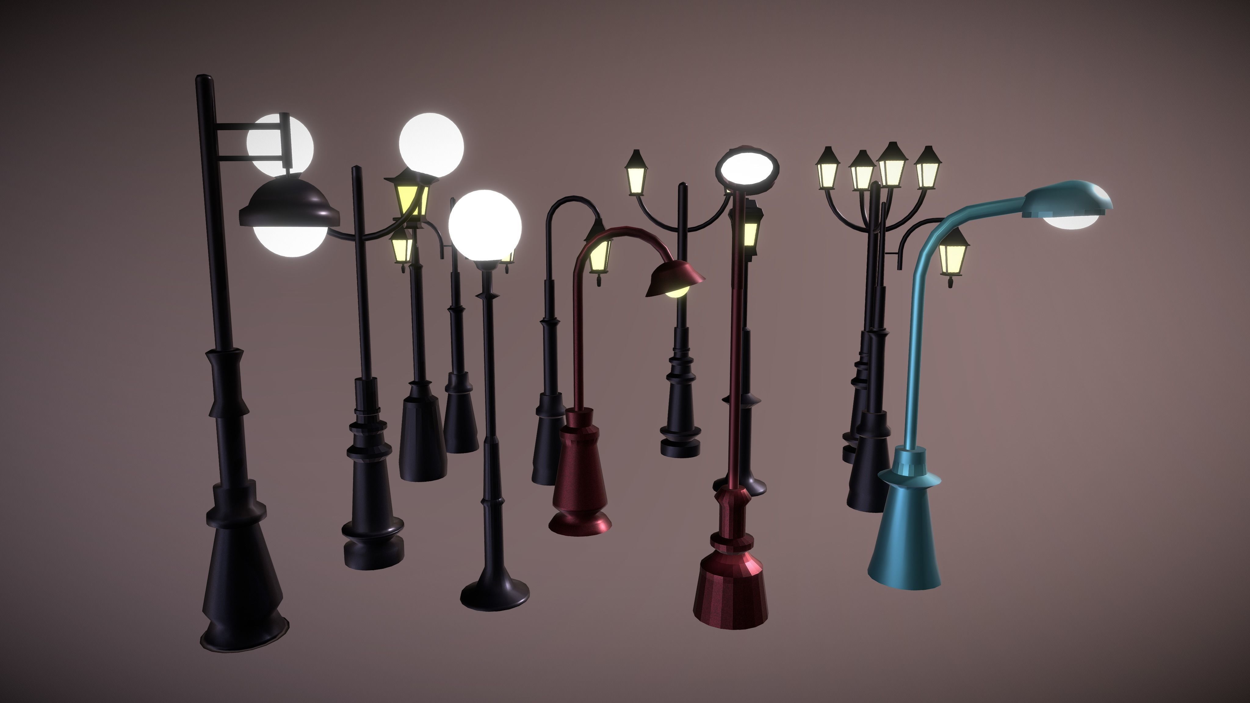 Lamposts Asset Pack - Streetlight 3d Model Set lowpoly 3D model_1