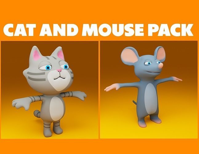 Playful Stylized Cartoon Cat and Mouse Pack  3D model