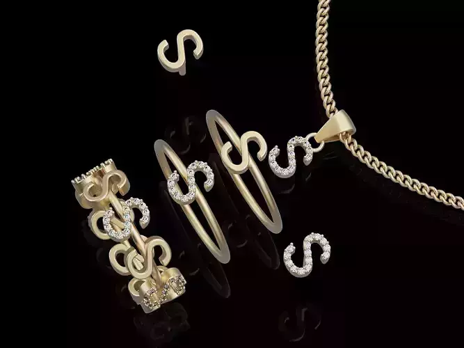 Letter S earring pendant ring  gold  printable jewelry 3D model