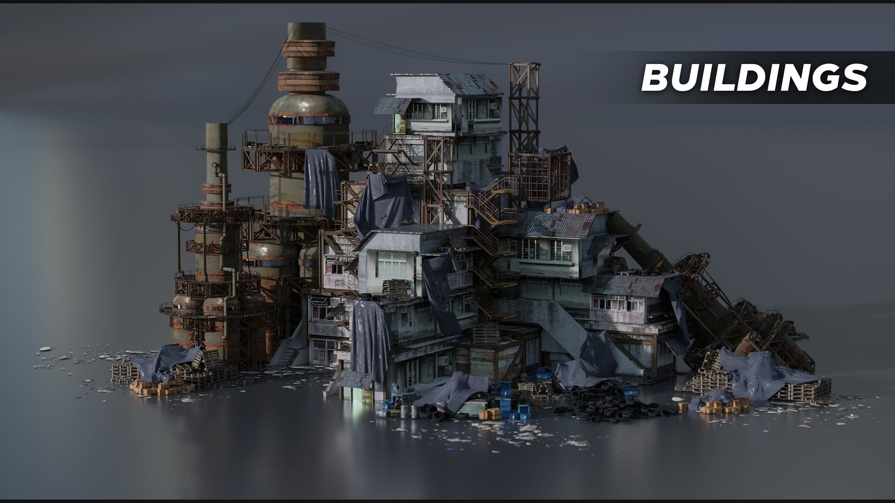 Industrial dystopian city - Kitbash Set - Kitbash Asset Pack Low-poly 3D model_4