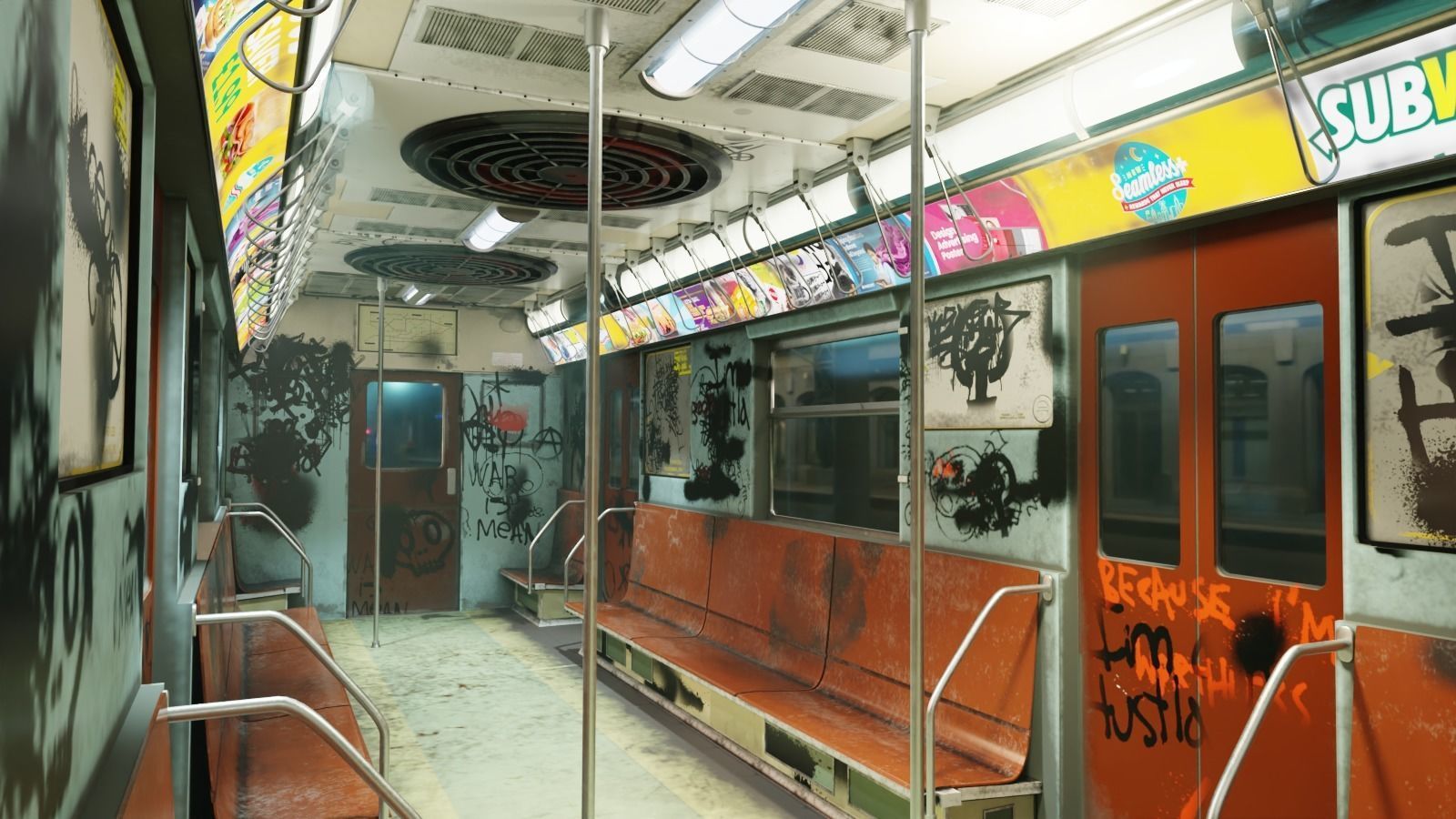 NYC Subway Car Interior - The Graffiti Version - Cinematic Low-poly 3D model_5