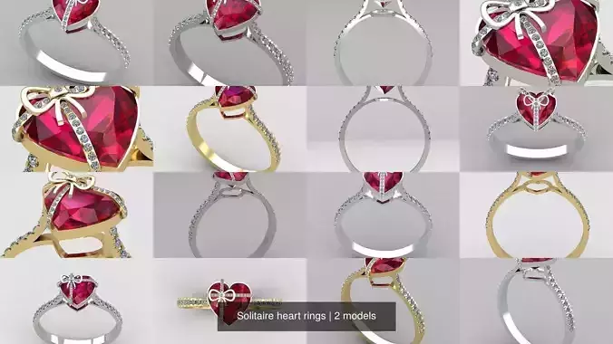 Solitaire heart rings 3D Model Collection