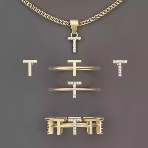 Letter T earring pendant ring  gold  printable jewelry 3D model 3D print model