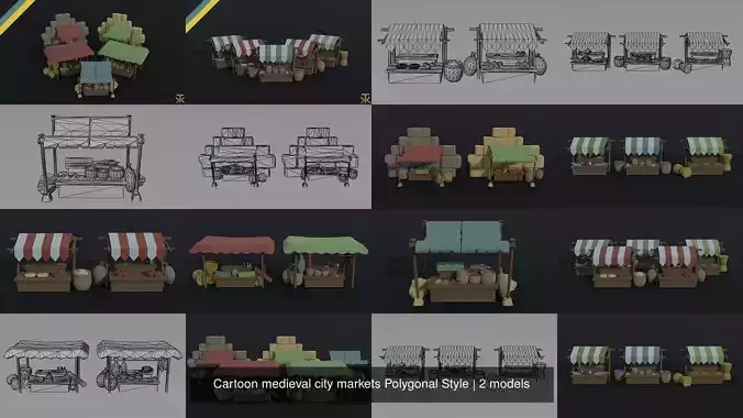 Cartoon medieval city markets Polygonal Style
