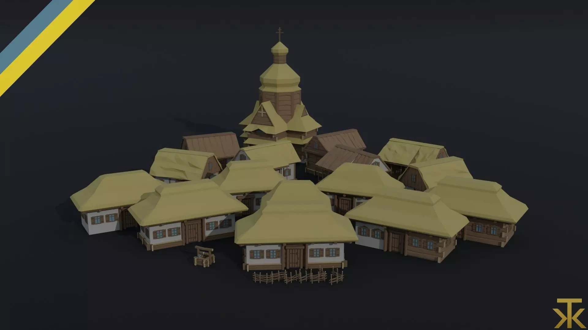 Cartoon medieval Ukraine village asset Polygonal Style 3D Model Collection_0