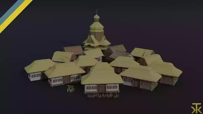 Cartoon medieval Ukraine village asset Polygonal Style