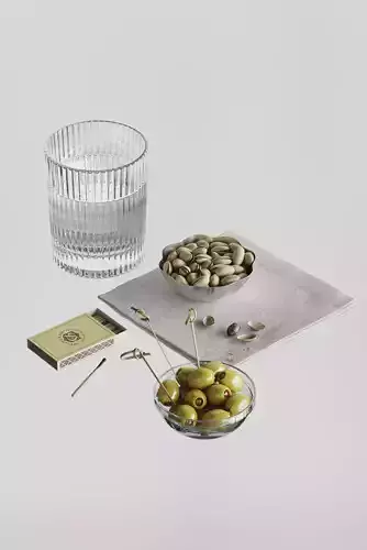 Pistaches glass water olives and matchbox set