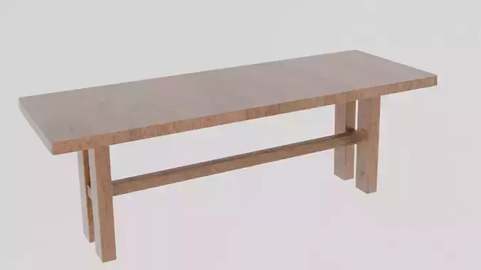 A long dining table with support beams