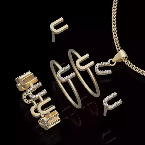 Letter U earring pendant ring  gold  printable jewelry 3D model